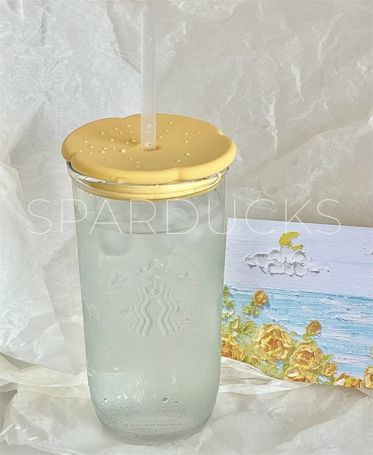 16oz China Yellow Flower Lid Glass with Straw