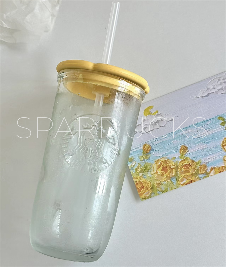 16oz China Yellow Flower Lid Glass with Straw