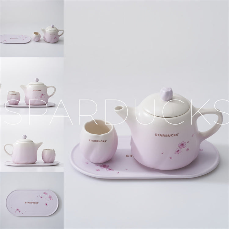 China Pink Sakura Ceramic Teapot+Cup+Plate Set