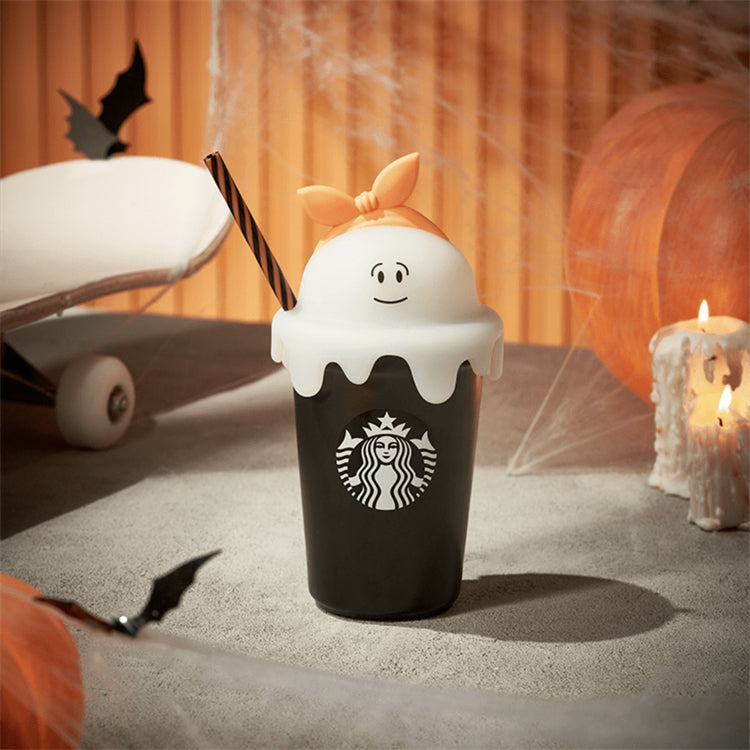 16oz Halloween Ceramic Black Cup with Straw