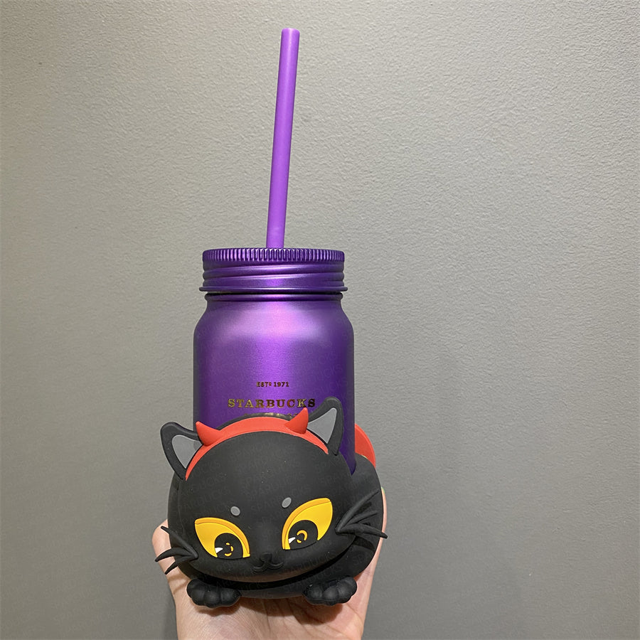 16oz Halloween Purple Mason Cup with Cat