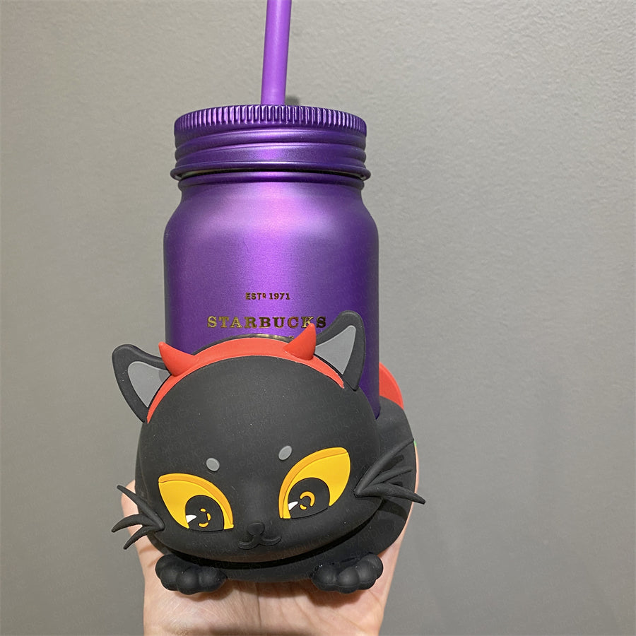 16oz Halloween Purple Mason Cup with Cat