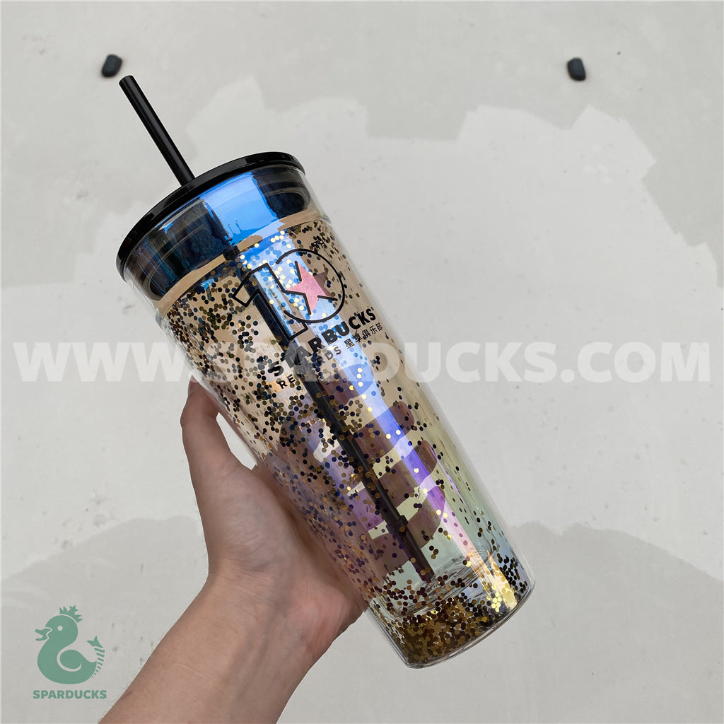 Starbucks China 591Ml Double Wall Glass Cup Straw Tumbler Gold Glitter  Sequins