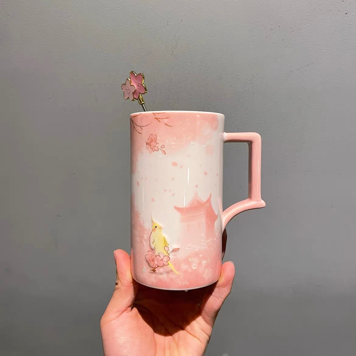 16oz China Pink Sakura Ceramic Mug with Stirrer