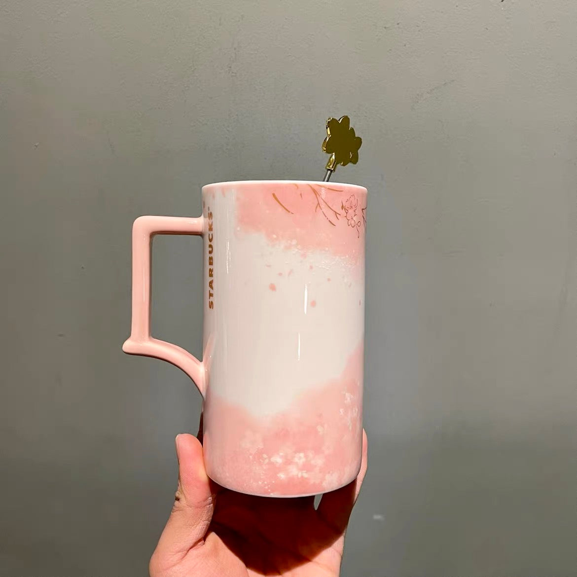 16oz China Pink Sakura Ceramic Mug with Stirrer