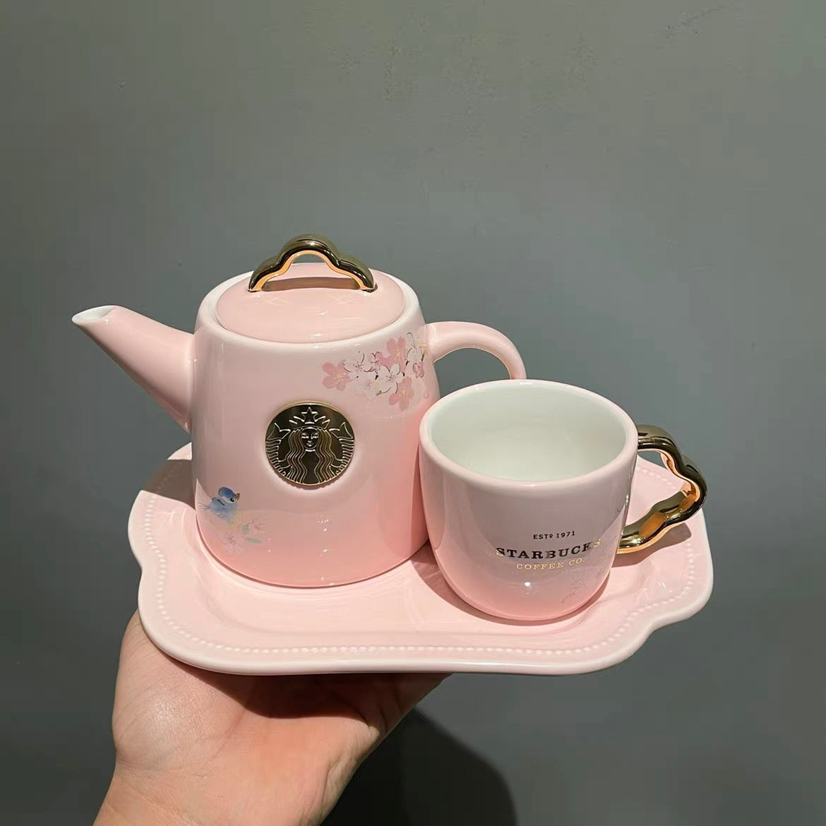 China Pink Sakura Ceramic Teapot+Cup+Plate Set