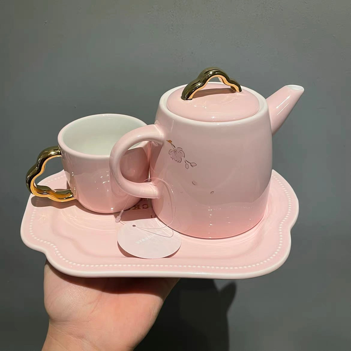 China Pink Sakura Ceramic Teapot+Cup+Plate Set