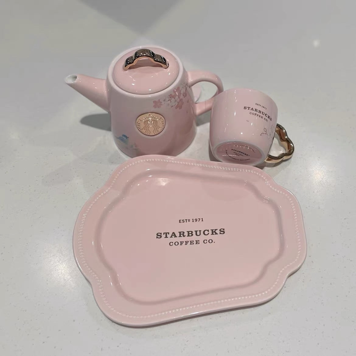 China Pink Sakura Ceramic Teapot+Cup+Plate Set