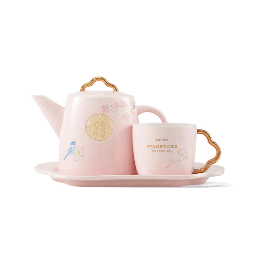 China Pink Sakura Ceramic Teapot+Cup+Plate Set