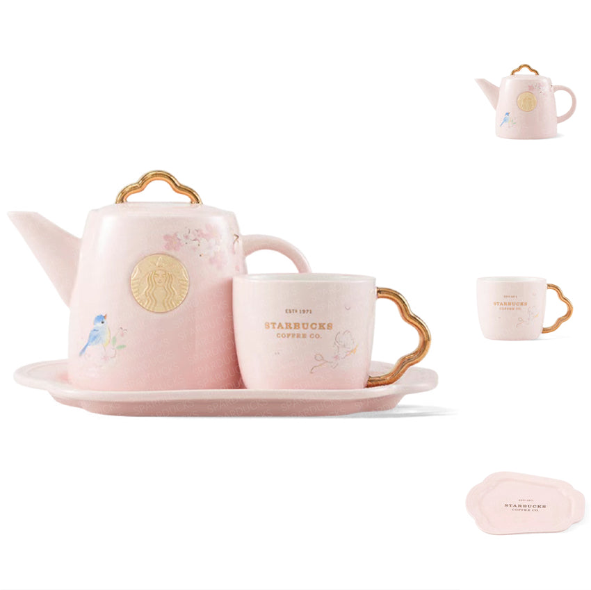 China Pink Sakura Ceramic Teapot+Cup+Plate Set