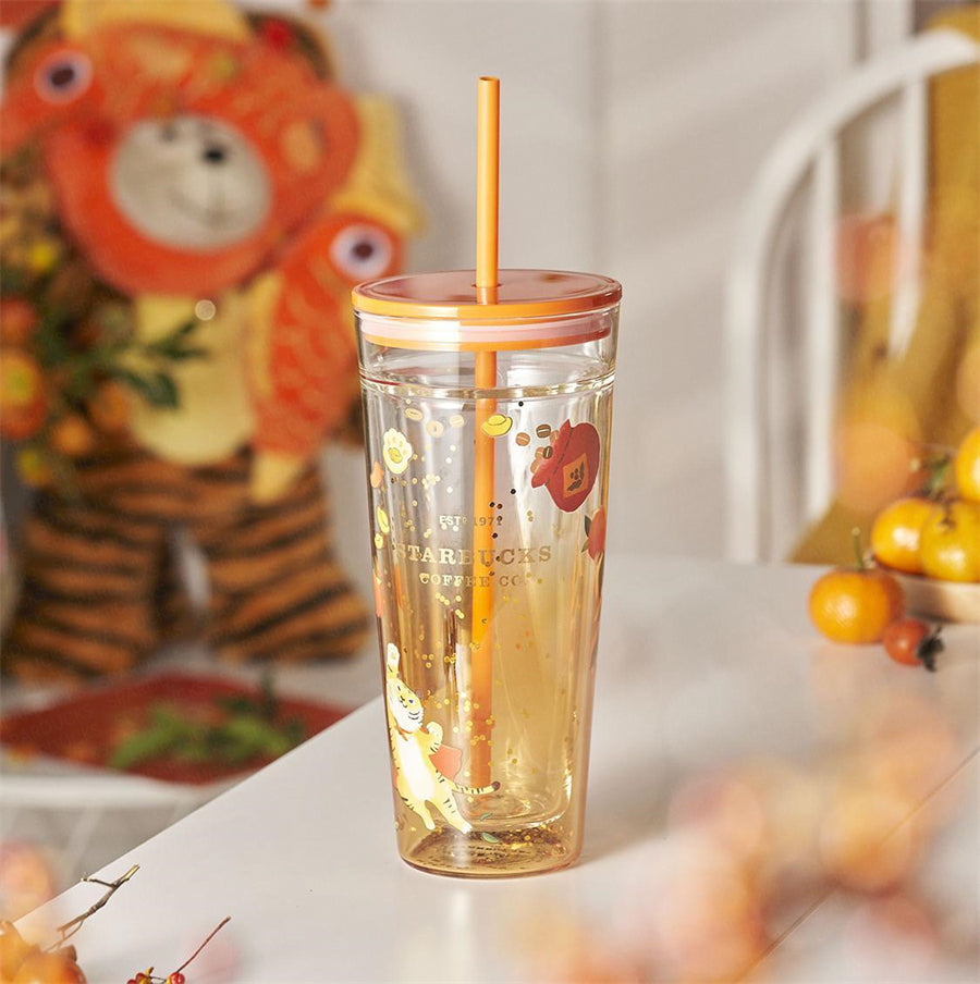 20oz China Cute Tiger Double Wall Glass Cup with Straw
