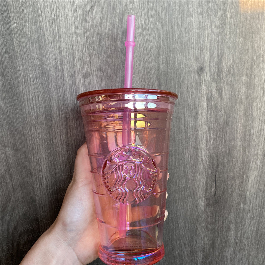16oz China Pink Oil Slick Glass Cup with Straw