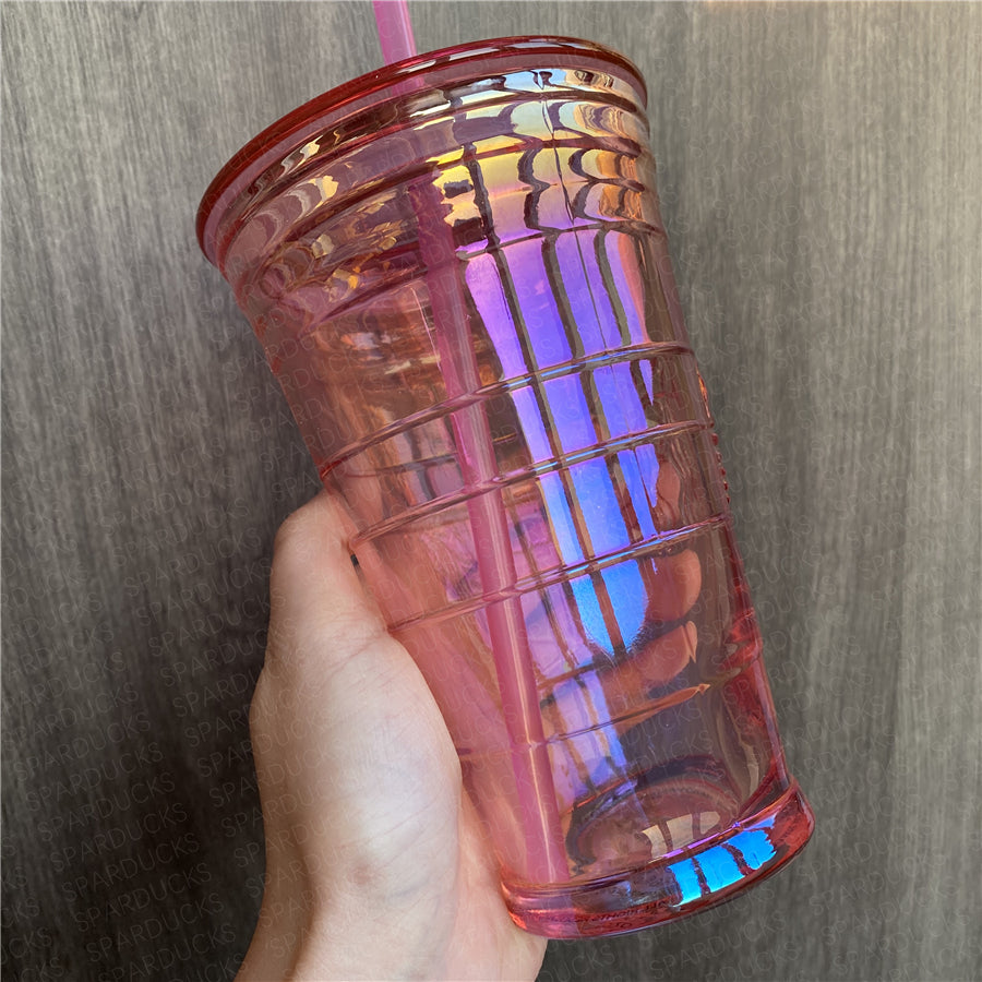 16oz China Pink Oil Slick Glass Cup with Straw
