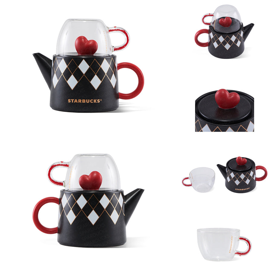 China Valentine Black 16oz Teapot+6oz Glass Cup Set