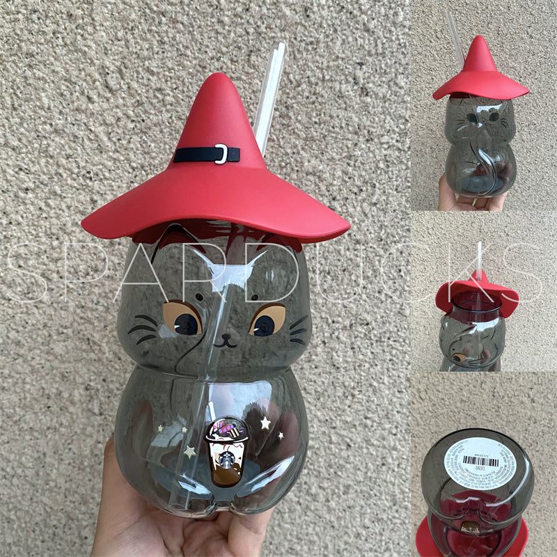 18oz Halloween Glass Cat with Hat and Straw