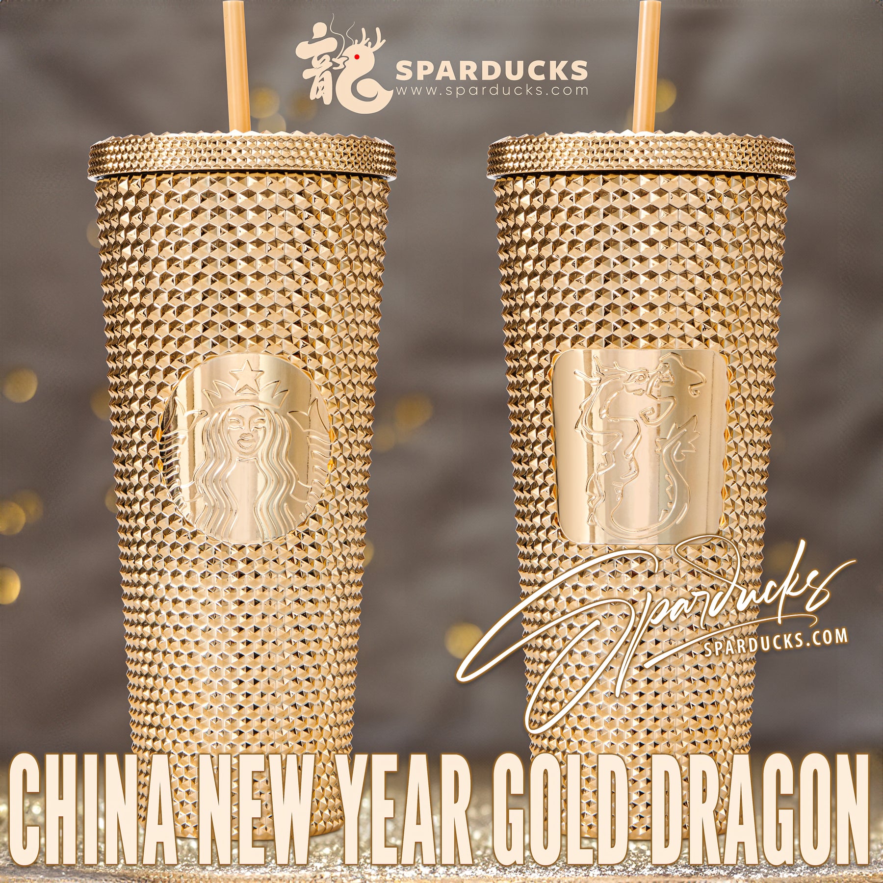 24oz China Year of the Dragon Chrome Gold Studded Cup