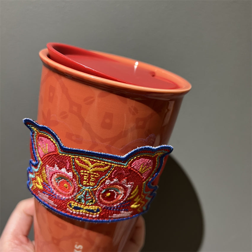 12oz China Red Double Wall Ceramic with Tiger Sleeve