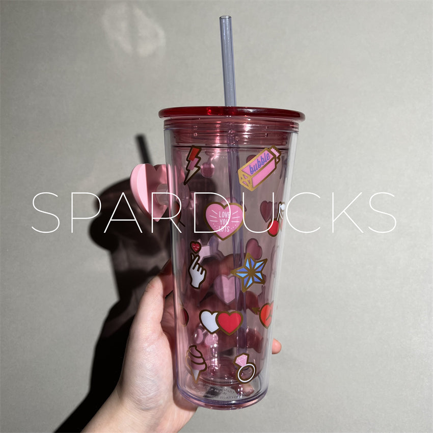 SC 16oz Pink Heart Plastic Cold Cup with defect