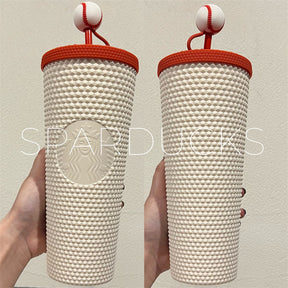 24oz Taiwan White Studded Cup with Red Lid