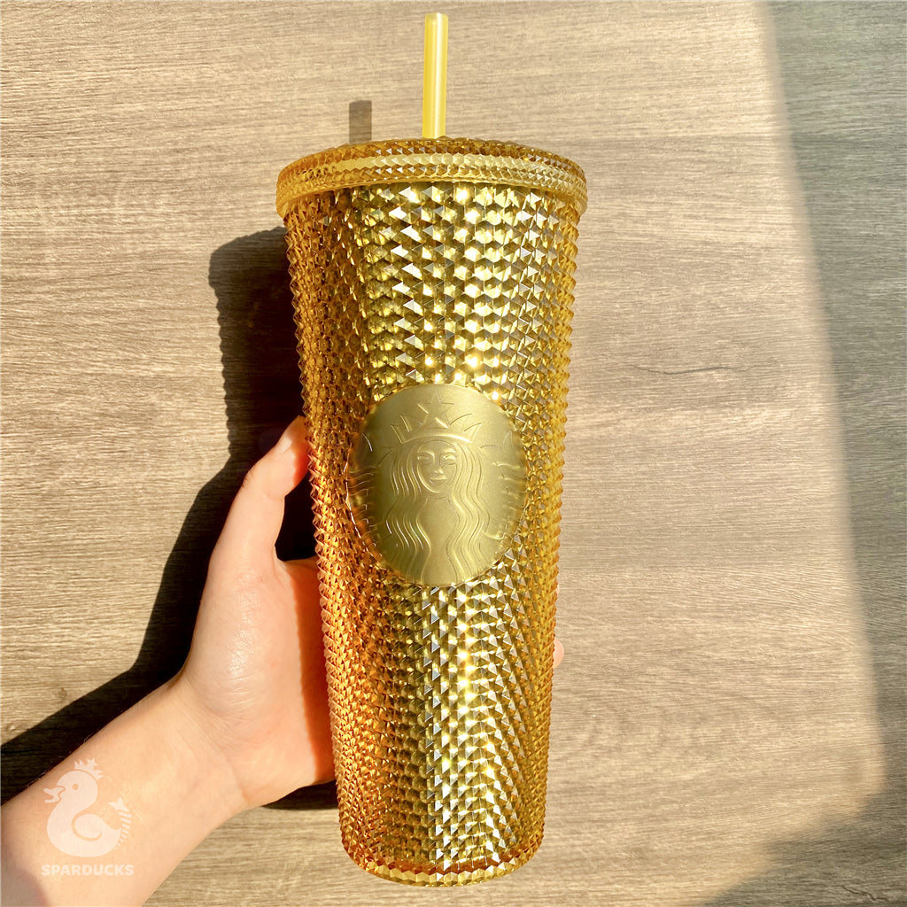 Starbucks 2021 China Matte / Gold Yellow Diamond Studded Tumbler Straw Cup  24oz