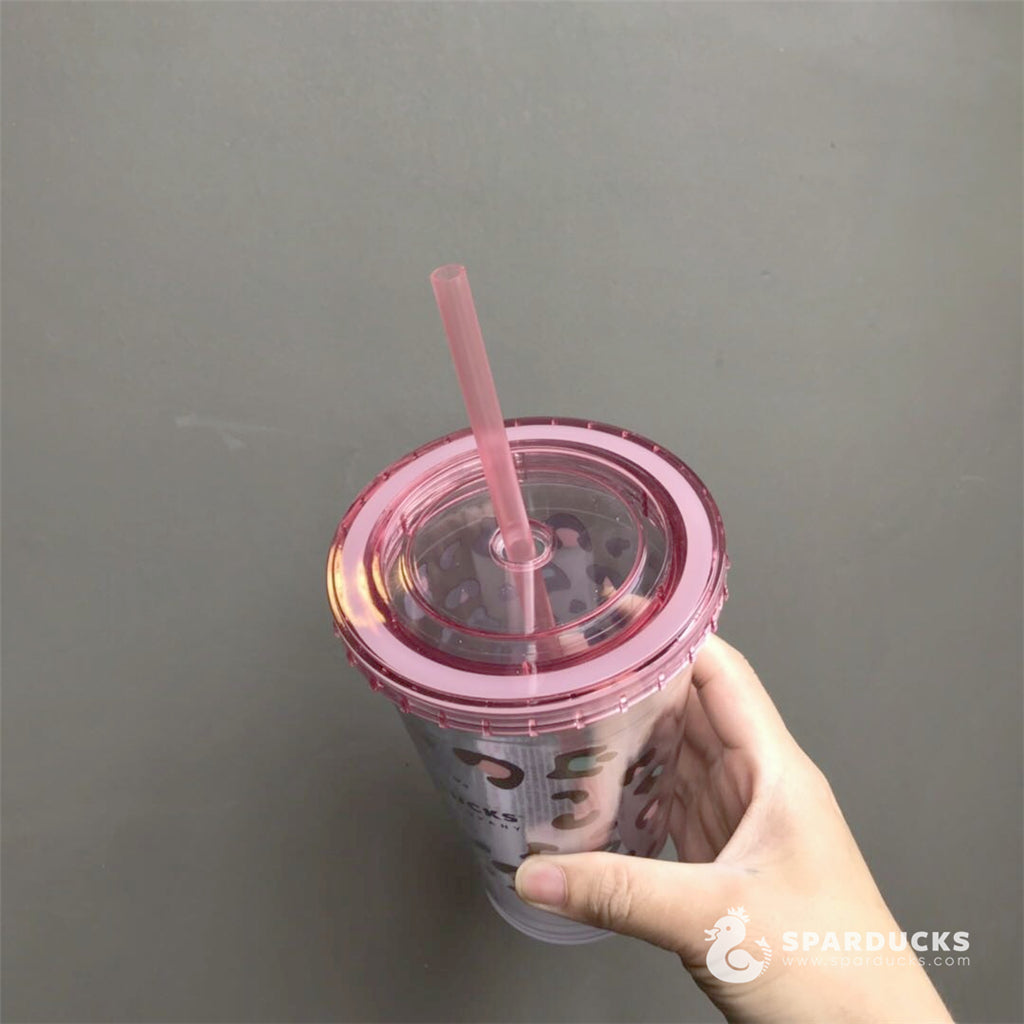 16oz Grande China Leopard Grain Pink Plastic Straw Cup