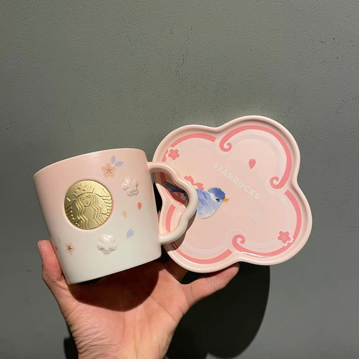 12oz China Pink Sakura Ceramic Mug with Plate