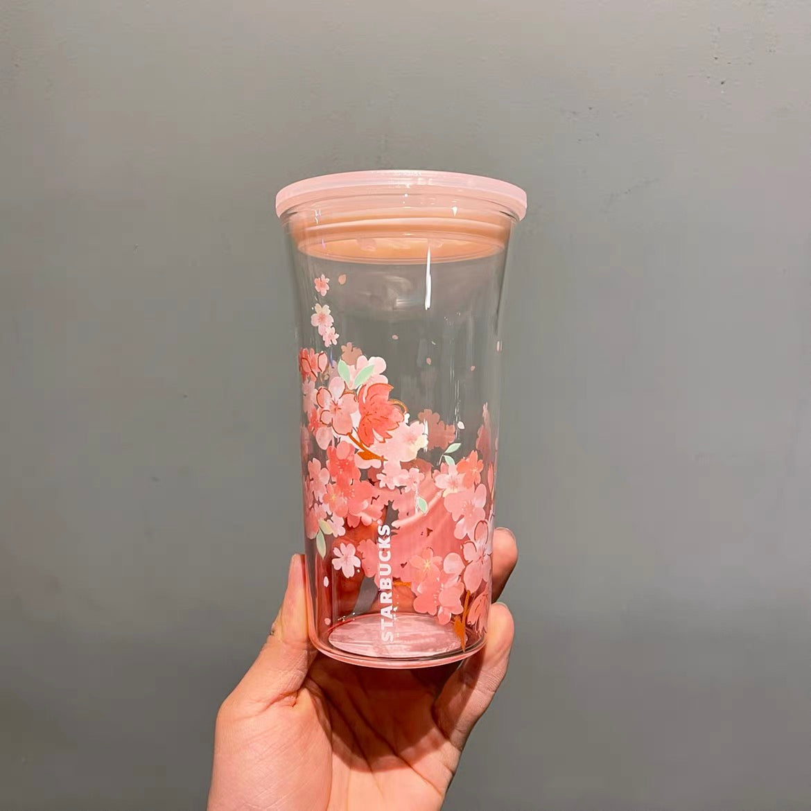 Starbucks Glass Cup Gradient Pink Sakura Tumbler Cherry Blossom Topper 