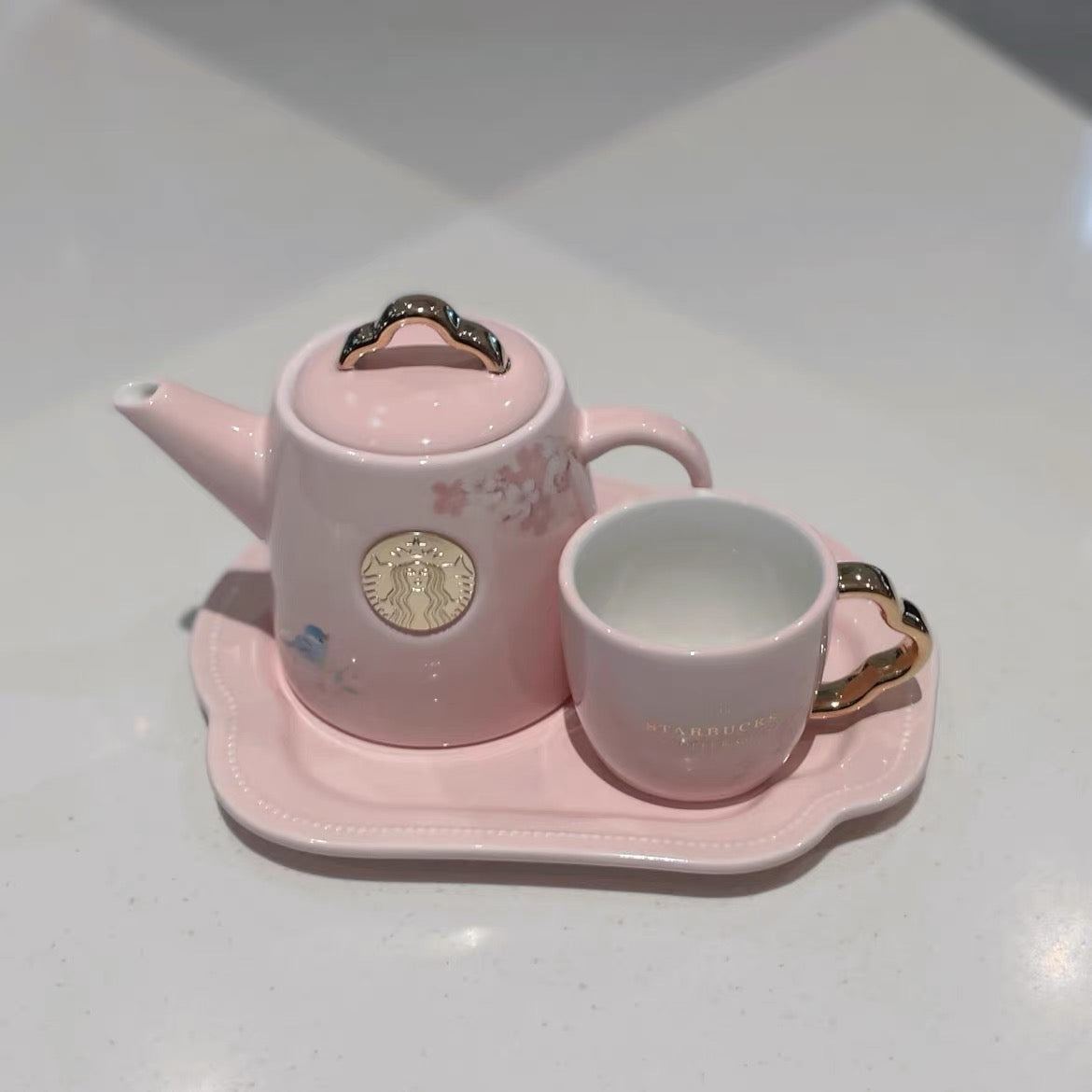 China Pink Sakura Ceramic Teapot+Cup+Plate Set
