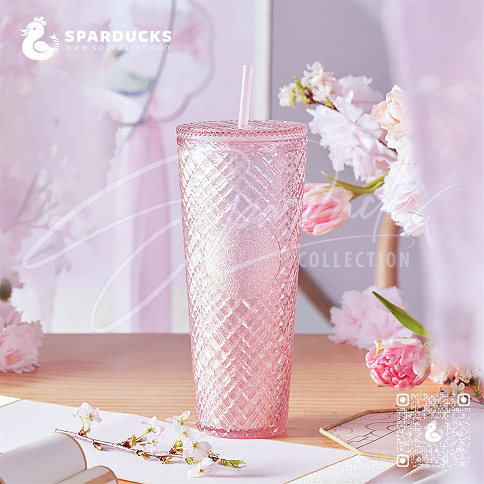 New 2022 Starbucks China Sakura Pink Glitter Studded Cold Cup Tumbler 24oz