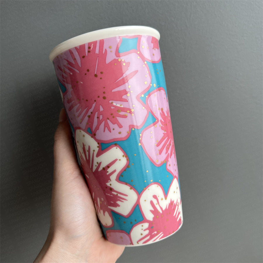 12oz China 2017 Pink Flowers Double Wall Ceramic
