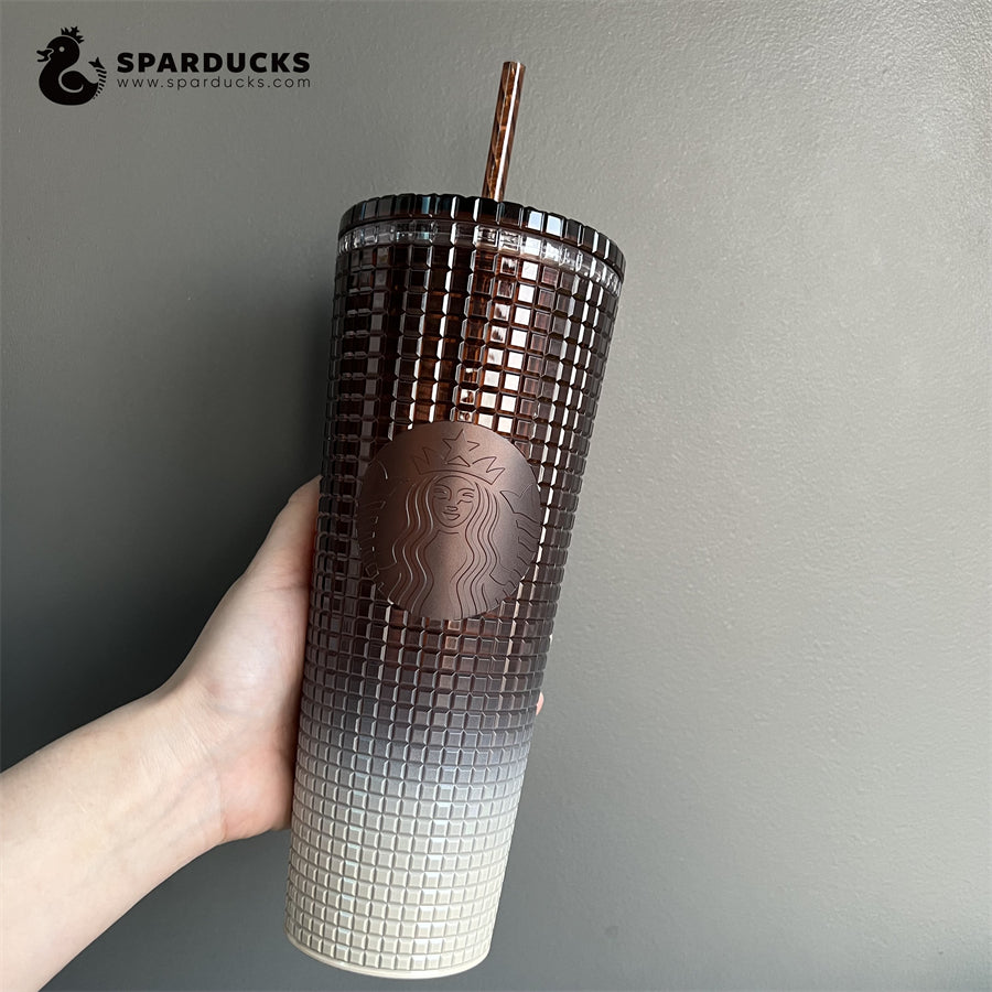 24oz Thailand Brown Gradient Grid Cold Cup with Straw