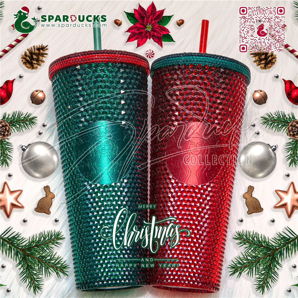 24oz China Bling Red Studded+Glitter Green Studded