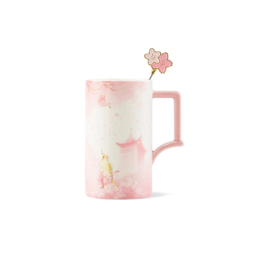 16oz China Pink Sakura Ceramic Mug with Stirrer