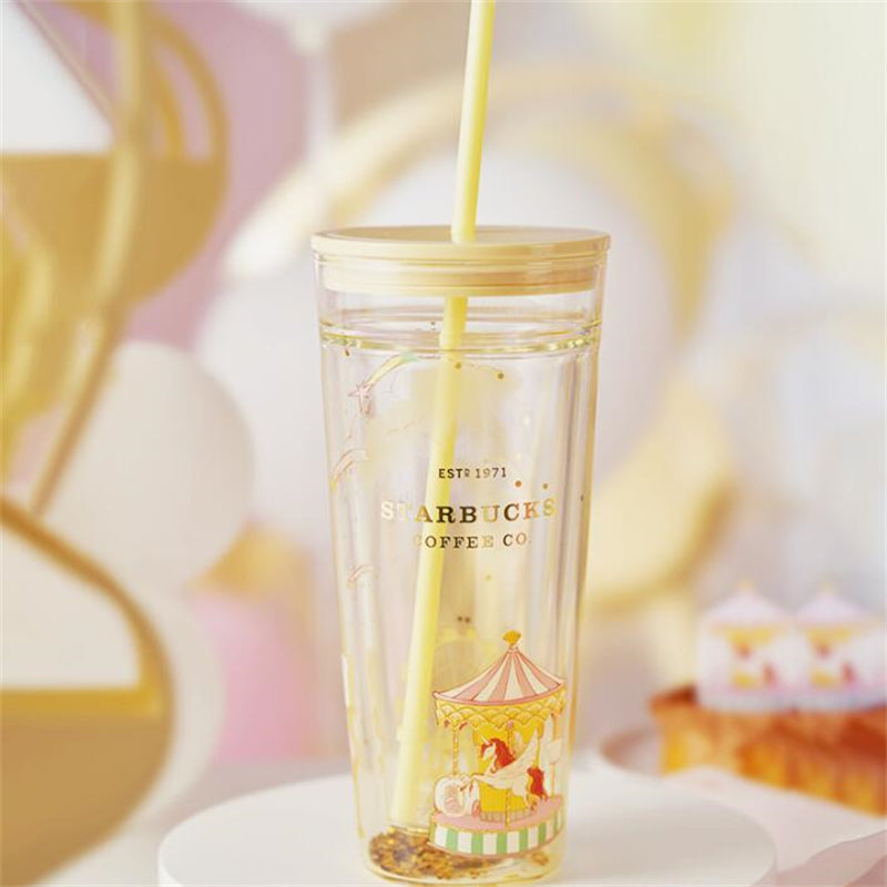 New China Starbucks Frappuccino Green Sakura Pink Double Drink Glass Straw  Cup