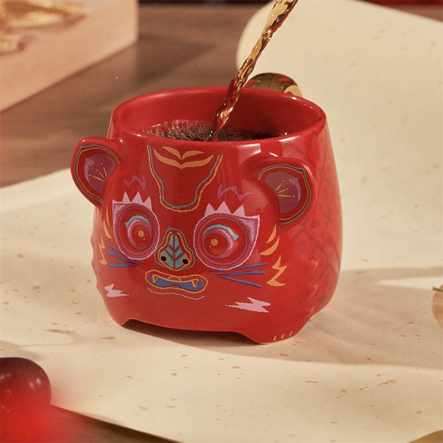 12oz China Red Traditional Tiger Ceramic Mug