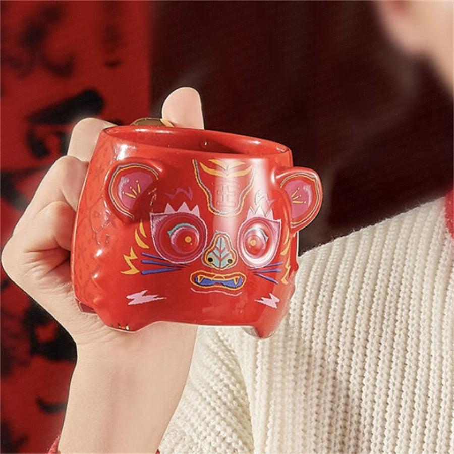 12oz China Red Traditional Tiger Ceramic Mug