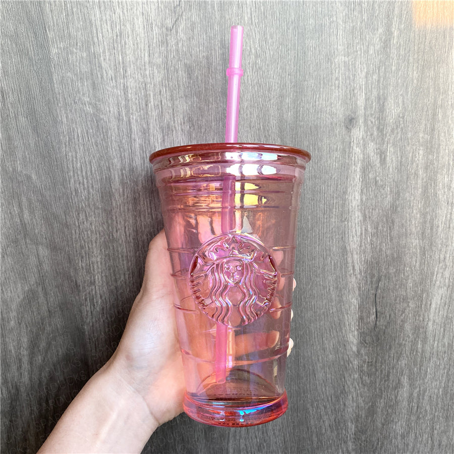 16oz China Pink Oil Slick Glass Cup with Straw