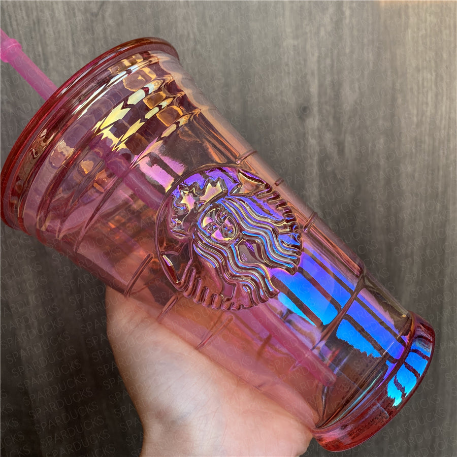 16oz China Pink Oil Slick Glass Cup with Straw