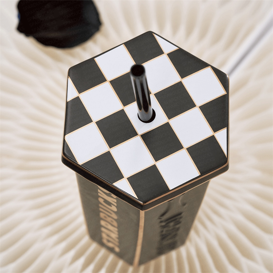 16oz Black&White Chessboard Grid Ceramic Tumbler