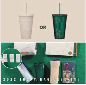 16oz Oatmeal White/ Green Studded Cold Cup from Korea Lucky Bag